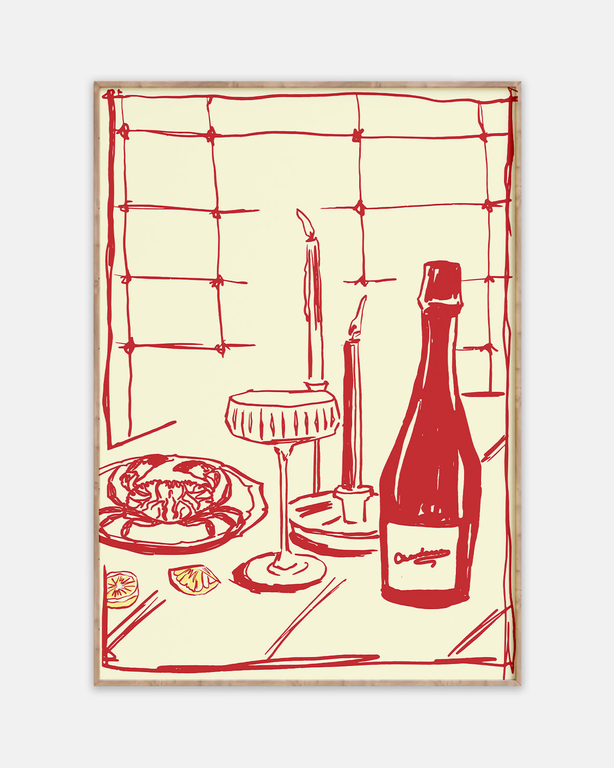 Red Hand Drawn Dining with Wine and Crab. Modern Food Art