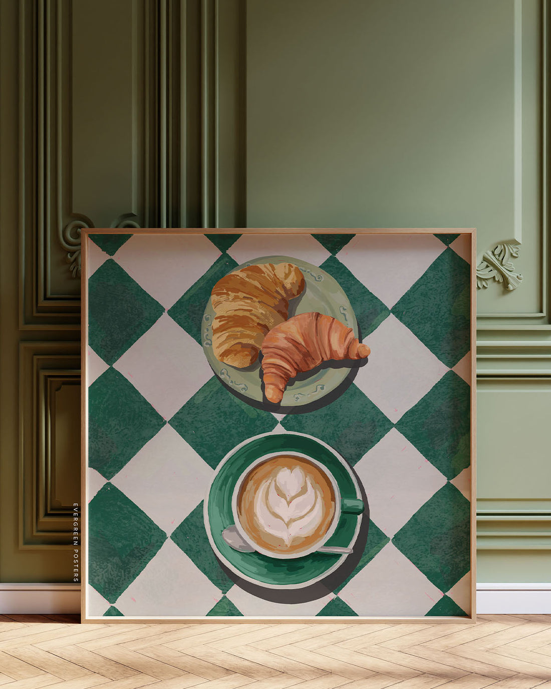Square Croissant and Coffee Green Poster. Modern French Breakfast