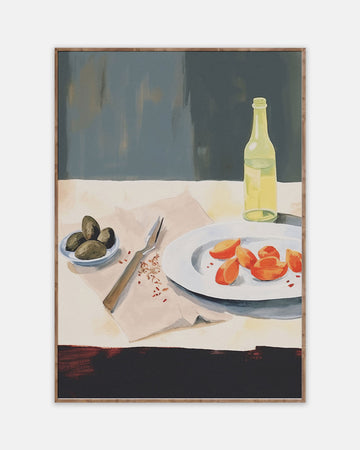 Kitchen Table Painting. Modern poster with Fruits and Bottle