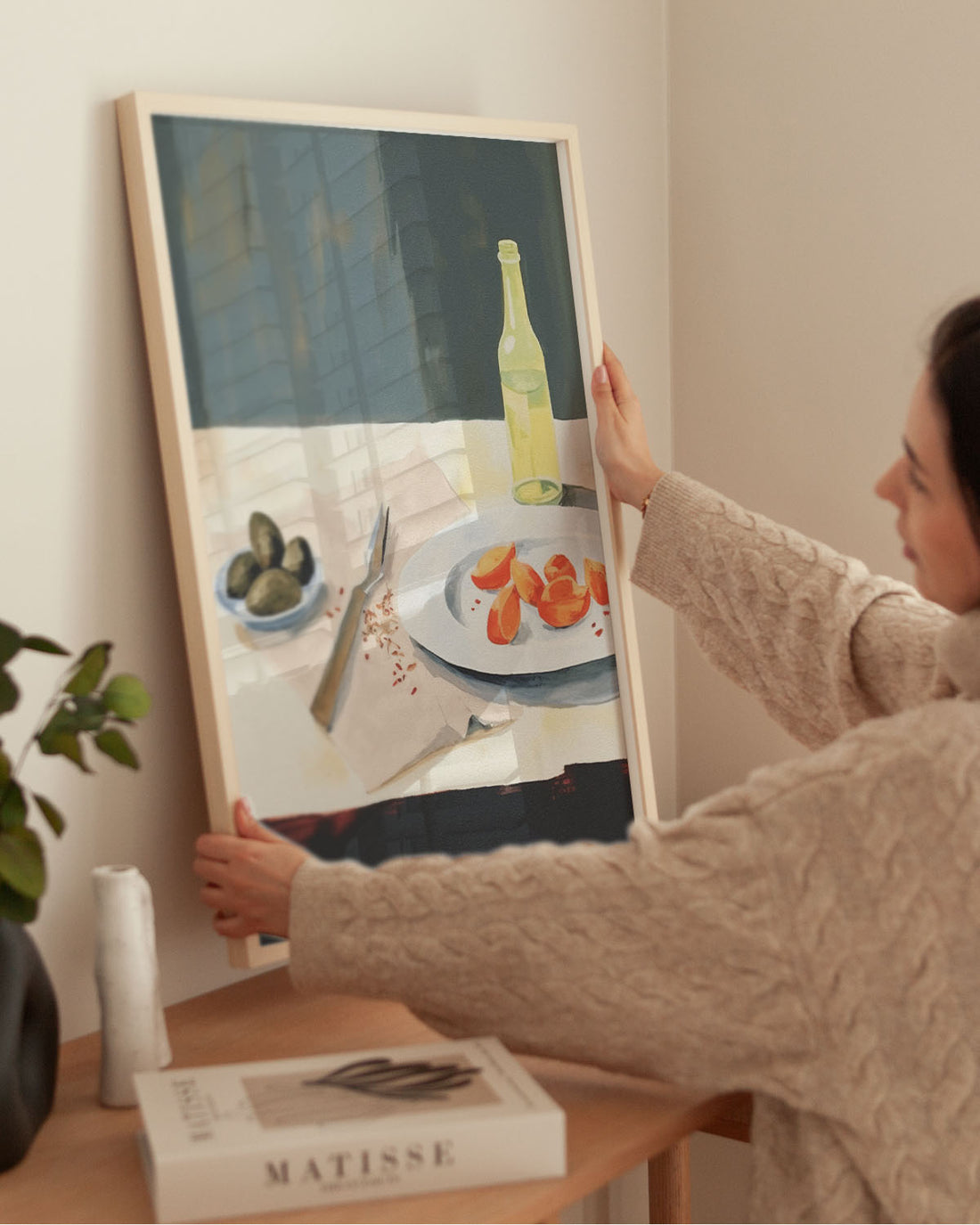 Kitchen Table Painting. Modern poster with Fruits and Bottle