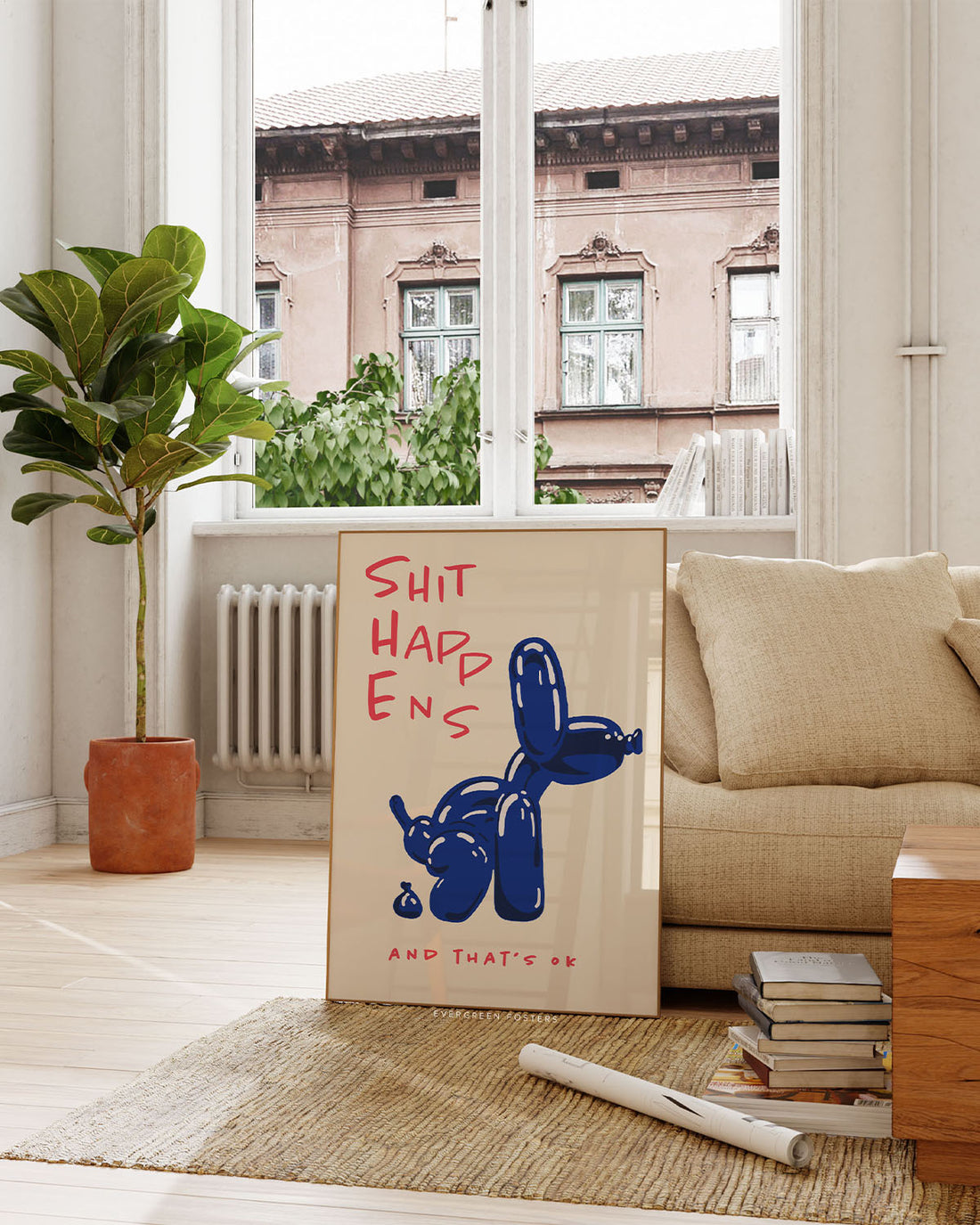 Blue Balloon Dog Poster with quote "Shit Happens and That's ok"
