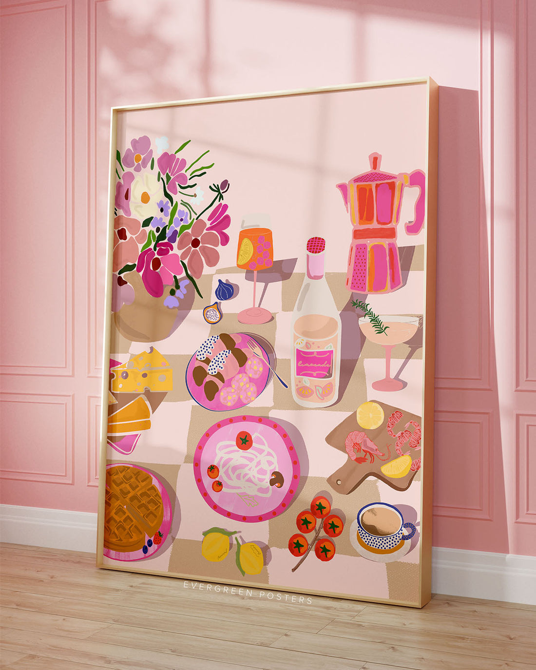 Pink Wine & Sea Food Girls Dinner Poster. French Breakfast Kitchen decor