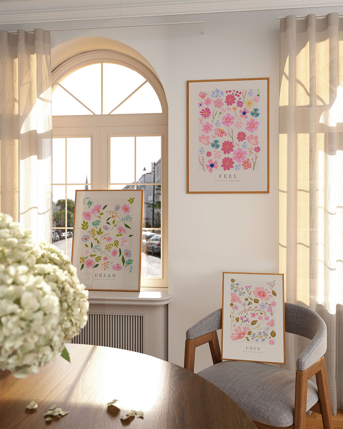 Set of 3 Wild Flowers Dream Feel Love Poster. Preppy Aesthetic Pastel Pink Wall Art
